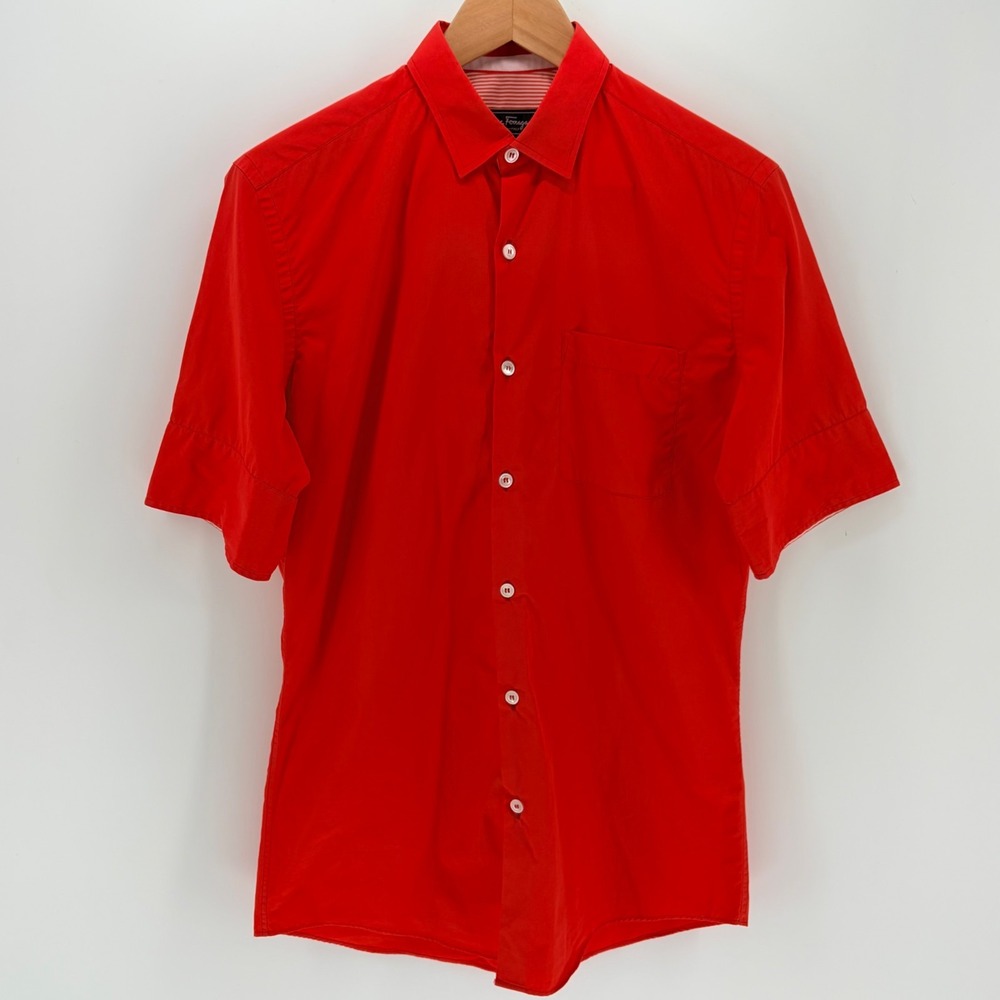 Salvatore Ferragamo Mens Shirt S Red Button Up Short Sleeve Made Italy Resort